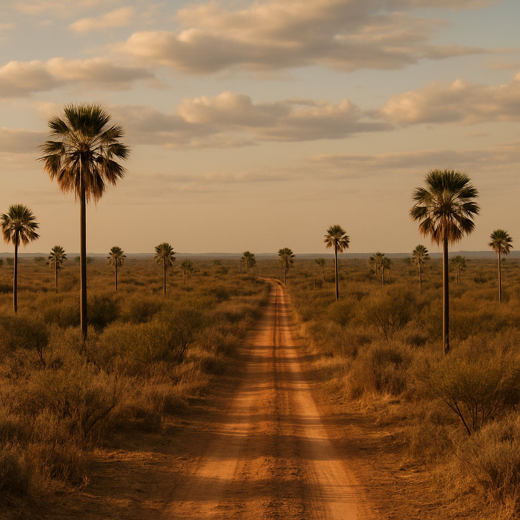 Paisaje del Chaco paraguayo con vegetación seca, palmeras y un camino de tierra bajo un gran cielo.