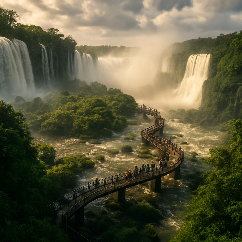 Las Cataratas del Iguazú con selva verde y pasarelas con turistas a lo lejos.