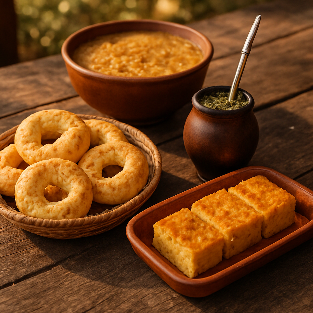 Mesa rústica con platos tradicionales paraguayos como chipa y sopa paraguaya y tereré.