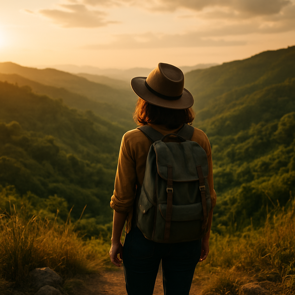 Viajera sola de espaldas en un mirador de colinas verdes sudamericanas al atardecer.