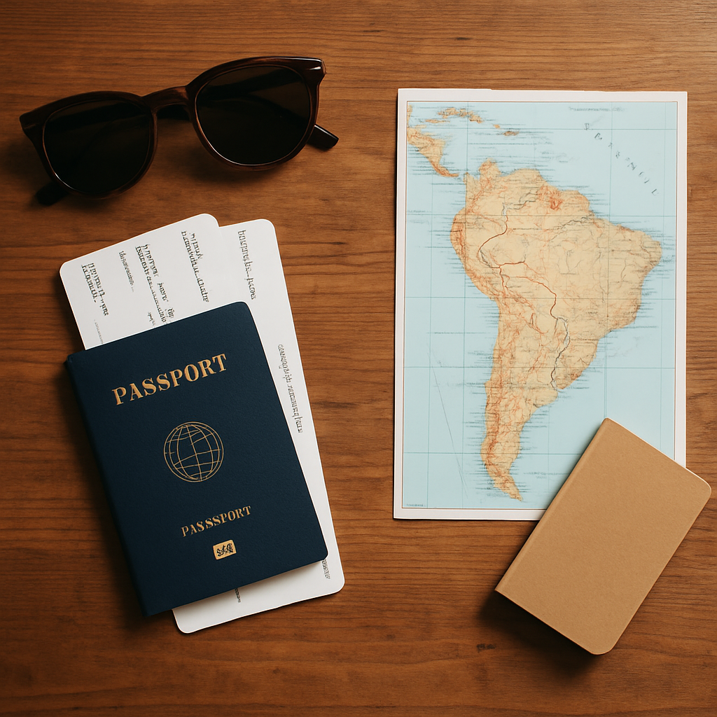 Pasaporte, tarjetas de embarque y un mapa de Sudamérica sobre una mesa de madera.